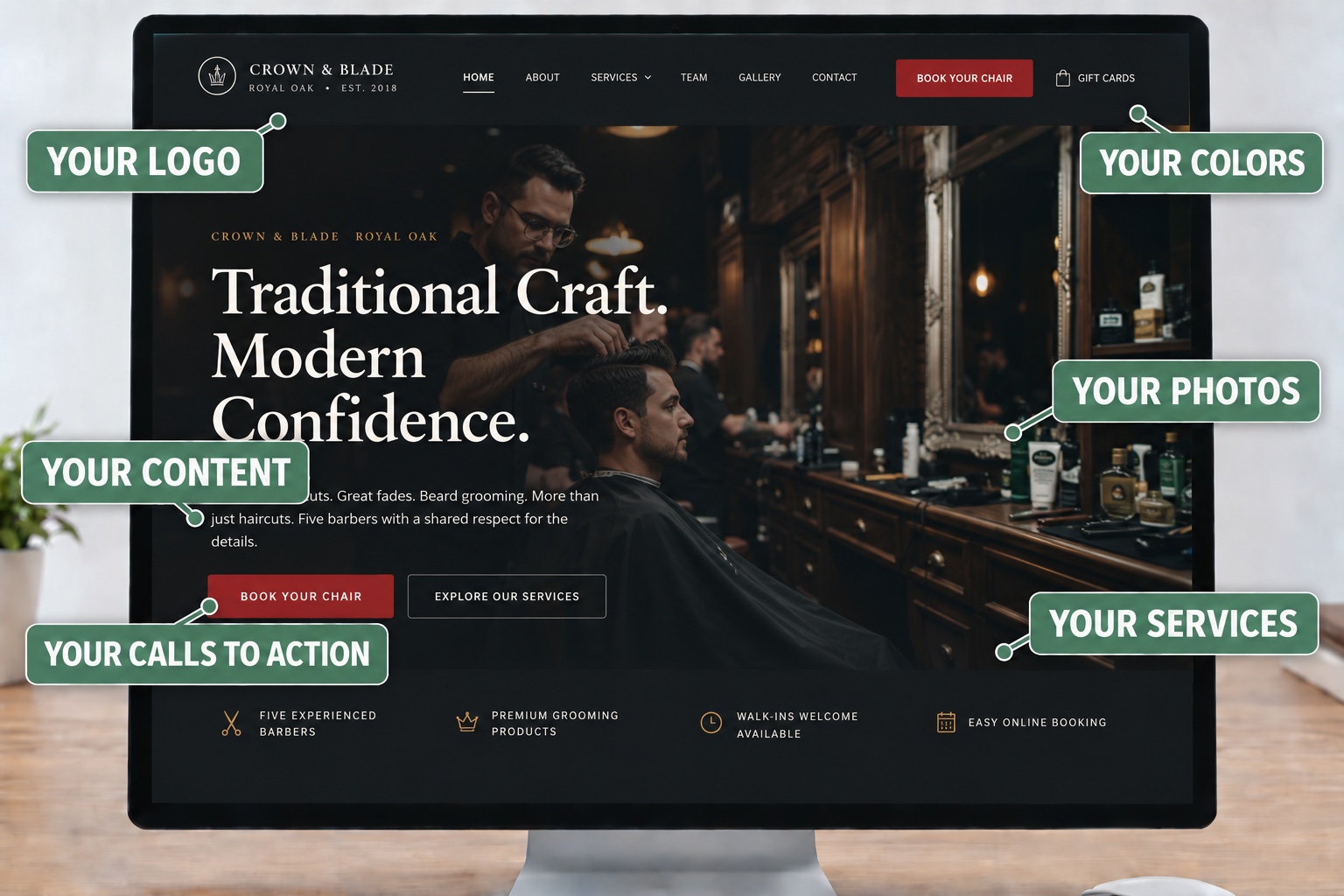 Crown & Blade homepage customized callout mockups
