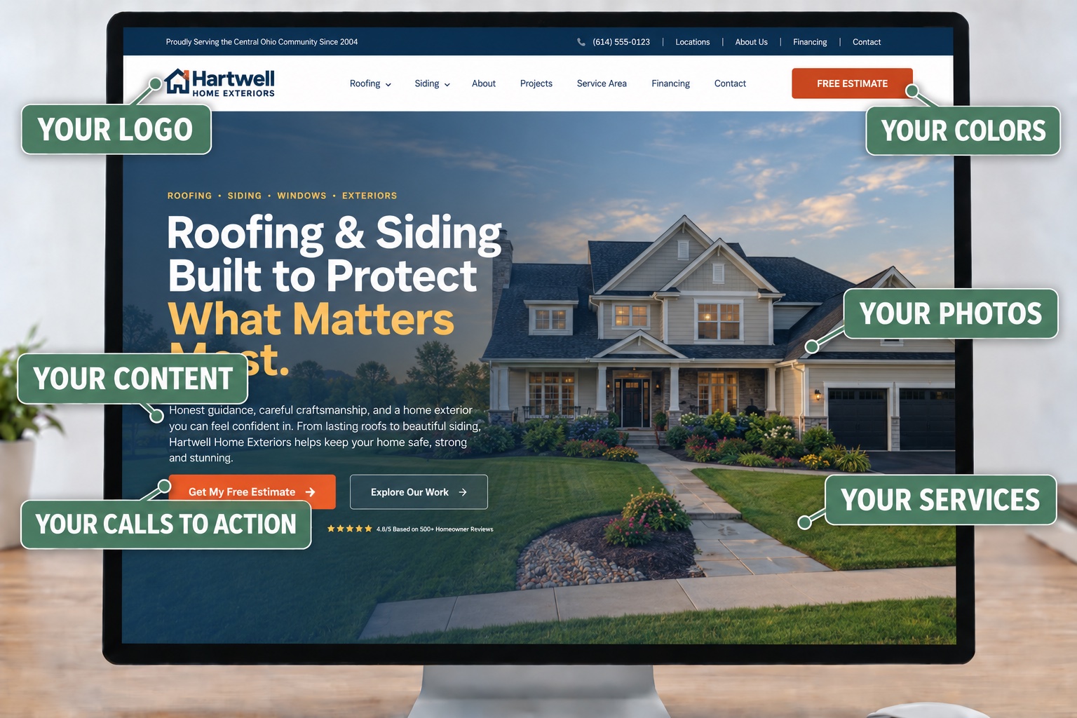 Hartwell Home Exteriors homepage customized callout mockups
