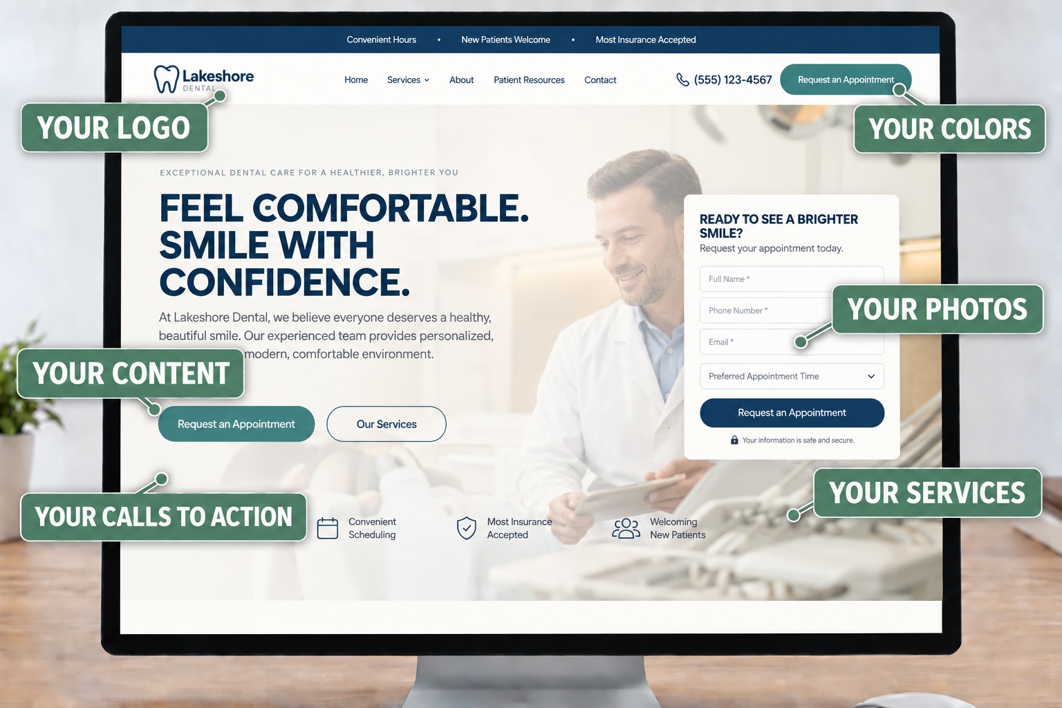 Lakeshore Dental homepage customized callout mockups